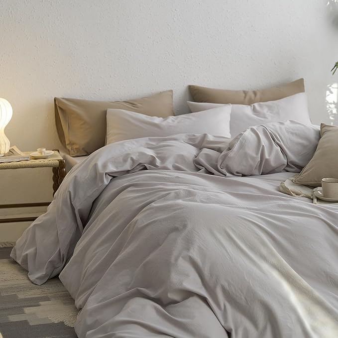 MooMee Twin Duvet Cover Set, 100% Washed Cotton Linen Like Twill Thick Sturdy Material Super Soft Breathable Durable Bedding for All Season, 2 Pieces (Light Gray, Twin 68"x90")