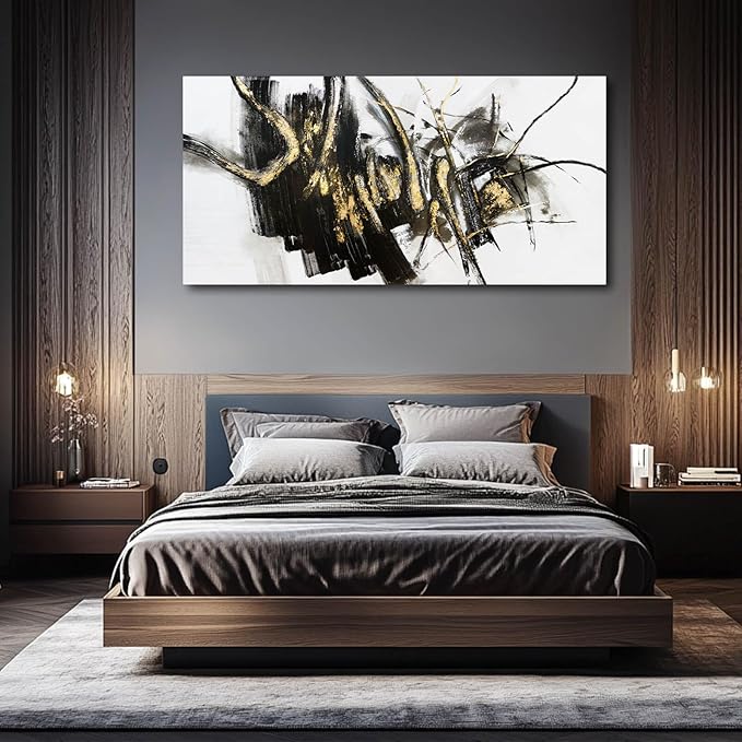 WINKAILIN Black Line Art Abstract Pictures Wall Decor for Dining Room Modern Artwork Grunge Posters for Room 29"x 58" Neutral Wall Art for Bedroom Office