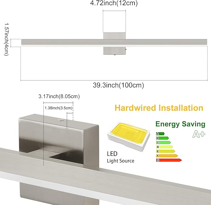 Nickel Bathroom Vanity Light 39.4 inch, 24W Dimmable 5CCT LED Bathroom Light Fixture Over Mirror Restroom-ETL Certificated