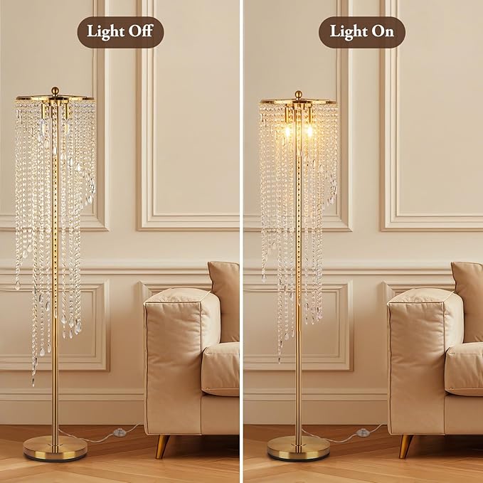 QiMH Crystal Gold Floor Lamps for Living Room, 63" Elegant Tall Standing Lamp with Double-Layer Crystal Shade, Mid Century Modern Floor Lamp for Bedroom, Office, Reading (2700K LED Bulbs Included)