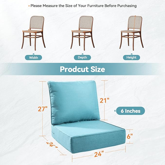 Luxury 6" Outdoor Cushions for Patio Furniture, 24x24x6 Thick Seat Cushion Set of 5, Fade Resistant Couch Chair Replacement Cushions High Density Deep Wicker Chair Cushion w/Removable Cover, Teal