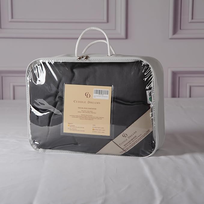 CUDDLE DREAMS Lightweight Silk Filled Comforter for Summer, Detachable Tencel Duvet Cover for Easy Care, Naturally Breathable (Steel Gray, Queen)