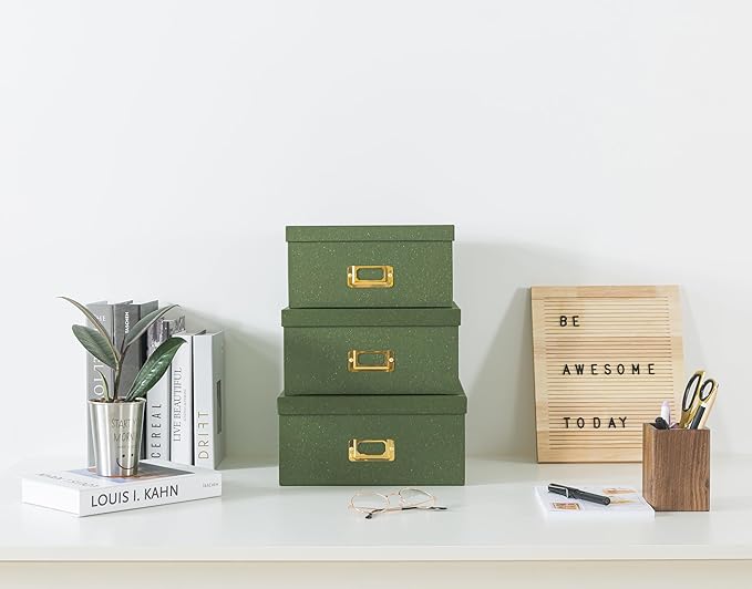 Soul & Lane Green Kraft Paper Boxes for Storage - Set of 3 Square Stacking Boxes with Lids and Gold Label Holders, Decorative Photo Storage, Nesting Cardboard Set for Decor and Organizing