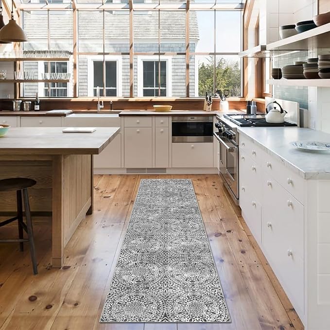 vivorug Grey Runner Rug 2x10 Machine Washable Rug with Non-Slip Backing, Ideal for Kitchen Hallway Entryway Laundry Room - Vintage, Durable, Easy Clean, Low Pile Carpet Runner