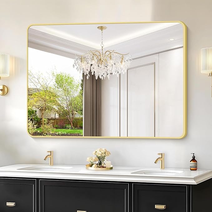 36"x48" Bathroom Mirror, Gold Rectangle Mirror, Large Rectangular Wall Mirror, Rounded Corner Vanity Mirror with Aluminum Metal Frame for Bathroom Bedroom Living Room Horizontal/Vertical
