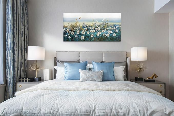 Arjun Flowers Wall Art Canvas White Daisy Floral Painting Blue Coastal Teal Landscape Picture Turquoise Textured Large Framed Artwork for Living Room Bedroom Bathroom Office Home Wall Decor, 48"x24"