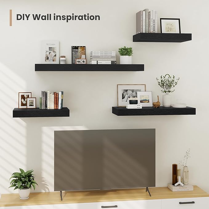 Heimlove 12" Deep Floating Shelves, 36 x 12 Inch Wall Mounted Long Floating Shelf with Invisible Brackets, for Home Decor, Bedroom, Kitchen, Living Room, Bathroom - 2 Pack, Black