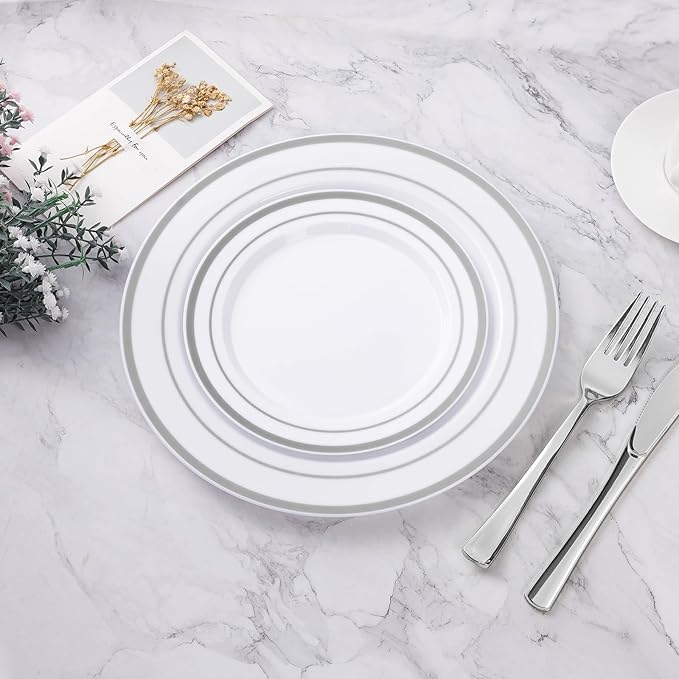 100PCS Silver Plastic Plates, Disposable Party Plates with 50 Dinner Plate and 50 Dessert Plate for Party, Wedding and Birthday