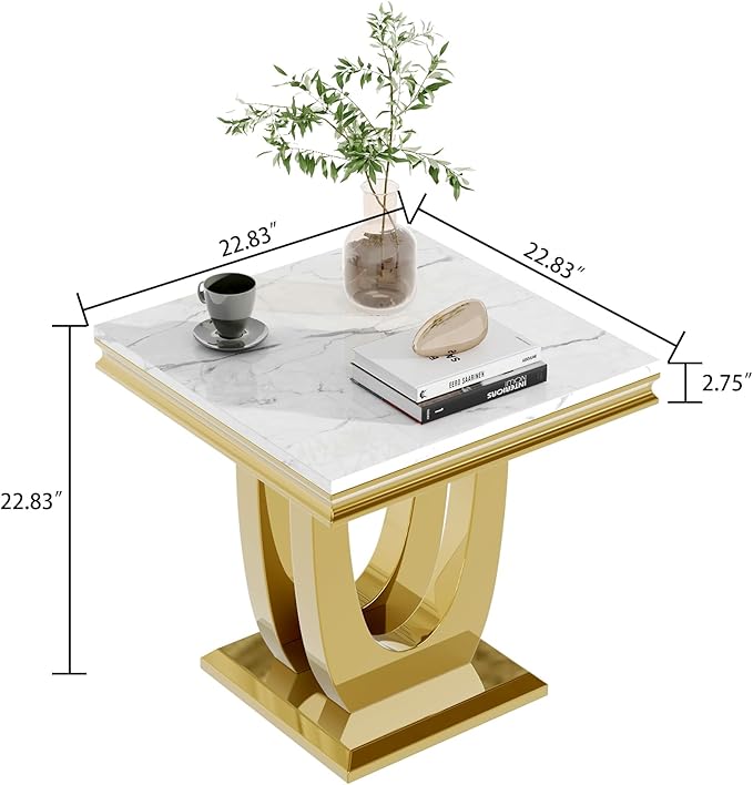 SSLine Modern White Faux Marble End Table Luxury Square Sofa Side Table with Gold U-Shape Base Mid-Century Elegant Bedside Table w/Mirrored Stainless Steel Frame for Living Room Bedroom