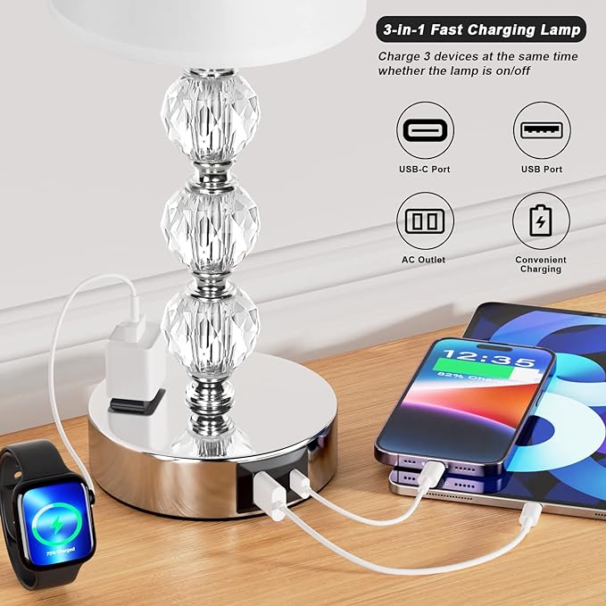 Touch Bedside Crystal Lamps for Bedrooms Nightstand with USB C+A Charging Port and AC Outlet White, 3 Way Dimmable Silver Small End Side Table Lamp for Living/Guest/Dinning Room/Kitchen