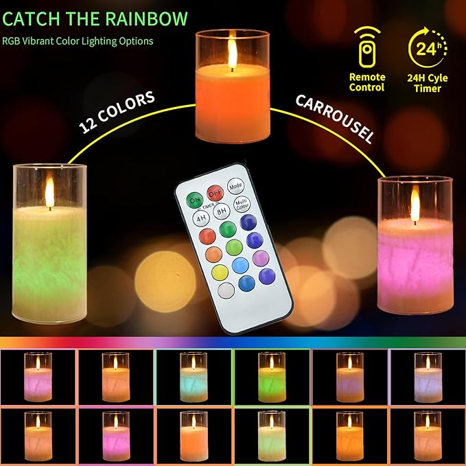 NICEME 3PCS LED Multi Colored Flameless Candles Acrylic Pillar Battery Operated Flickering Flame Color Changing Candles with Remote Control Real Wax Electric Fake Candles Ice Crystal, D3” x H4” 5" 6"