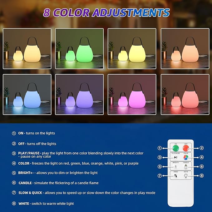 uuffoo 2-Pack Solar Table Lamp Outdoor Water-Resistant Portable Lantern with Remote and 8 Colors, Dimmable Cordless Lamp for Outside Garden Patio Camping Terrace