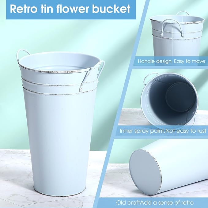 Irenare 12 Inch Vintage Galvanized Flower Bucket Metal Flower Vase Farmhouse French Bucket Planter Metal Floral Container for Party Table Centerpiece Weddings Home(Pale Blue,6 Pcs)