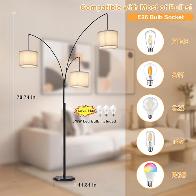 DLLT Modern Floor Lamp for Room: 3-Light Black Tree Dimmable Floor Lamps with Gray Shades for Living Room - Arc Standing Lamp for Bedroom - Tall Floor Lamp for Office Corner 3 LED Bulbs Included