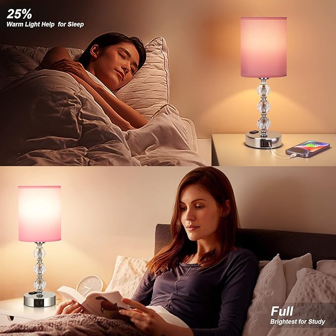 Pink Touch Bedside Lamps for Bedrooms - Crystal Table Lamp with USB C+A Charging Port and AC Outlet Nightstand, 3 Way Dimmable Silver Small End Side Table Lamp for Living/Guest/Dinning Room/Kitchen