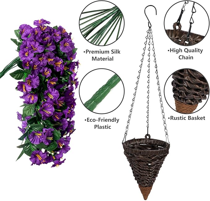Artificial Fake Flowers Plants Hanging Baskets Outdoor Outside Spring Decor, Faux Silk Purple UV Resistant Look Real Morning Glory Home Patio Porch Balcony Decoration