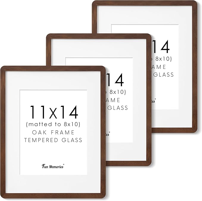 11x14 Picture Frame, Solid Oak Wood Frame 11 x 14 for Wall, Rustic Wooden Frames 11 by 14 with Tempered Glass, 11x14 Frame with Mat for 8x10, Home Decor Photo Frames 11"x14", Walnut Color, 3 Pack