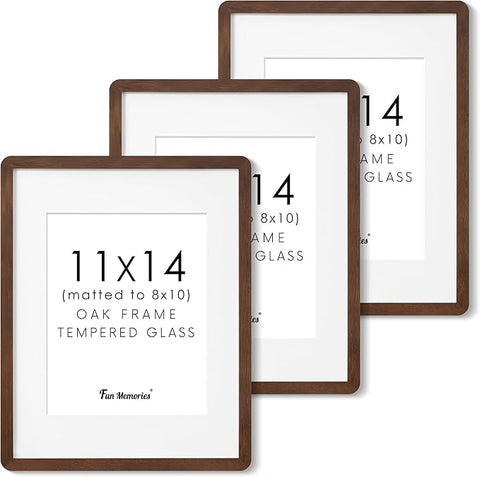 11x14 Picture Frame, Solid Oak Wood Frame 11 x 14 for Wall, Rustic Wooden Frames 11 by 14 with Tempered Glass, 11x14 Frame with Mat for 8x10, Home Decor Photo Frames 11"x14", Walnut Color, 3 Pack