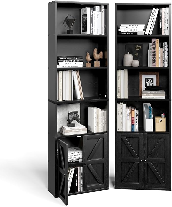 Tall Bookshelf Set of 2, 6 Tier Floor Standing Bookcase with Two Hinged Doors, Storage Organizer Display Shelves, Modern Corner Bookshelf Storage Cabinet for Living Room, Office, Black