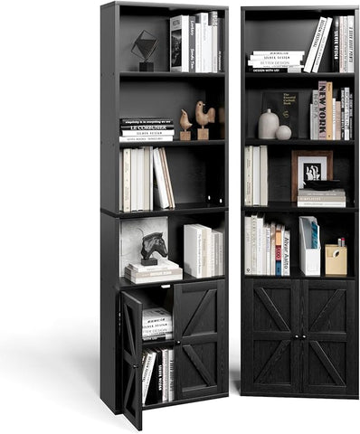 Tall Bookshelf Set of 2, 6 Tier Floor Standing Bookcase with Two Hinged Doors, Storage Organizer Display Shelves, Modern Corner Bookshelf Storage Cabinet for Living Room, Office, Black