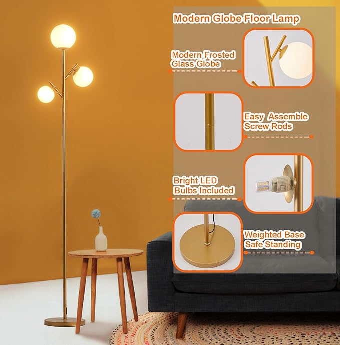 Fiqevs 3 Globe Mid Century Floor Lamp, Vintage Standing Lamp with 3 LED Bulbs & Sphere Frosted Glass Shades, Modern Gold Tree Floor Lamp for Living Room, Bedroom, Office