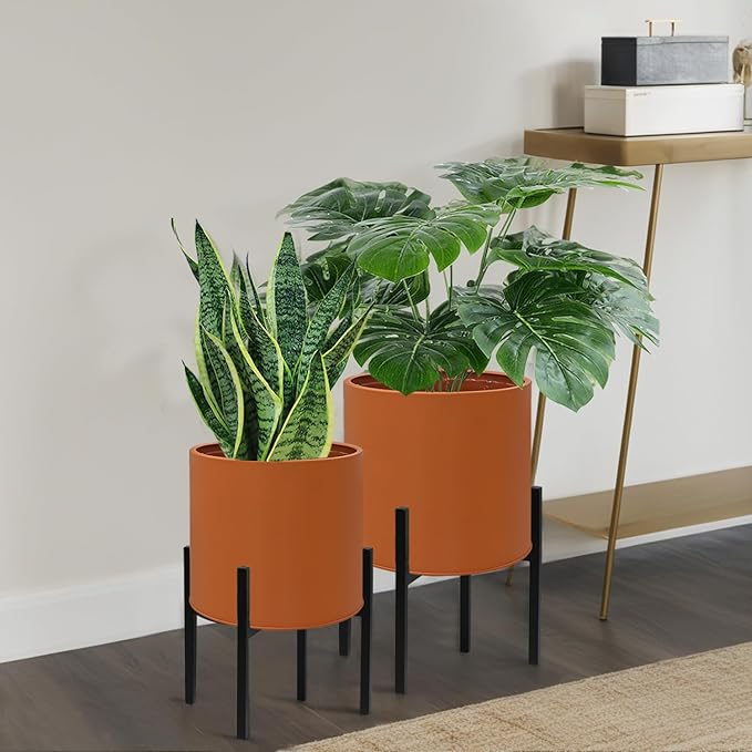 ARNIS Modern Plant Pots, Set of 2 Large Planters with Stand, Decorative Planters, Metal Pots with Drainage Holes for Living Room, Office, Garden or Balcony, 8.25 &10.5 Inch