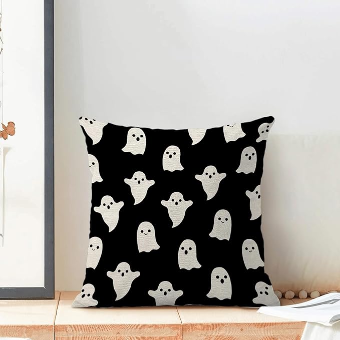 Halloween Ghost Pillow Covers 22x22 Set Of 2 - Black Cute Throw Pillows For Halloween Home Decoration - Decorative Cushion Cases For Couch, Sofa, Outdoor Decor
