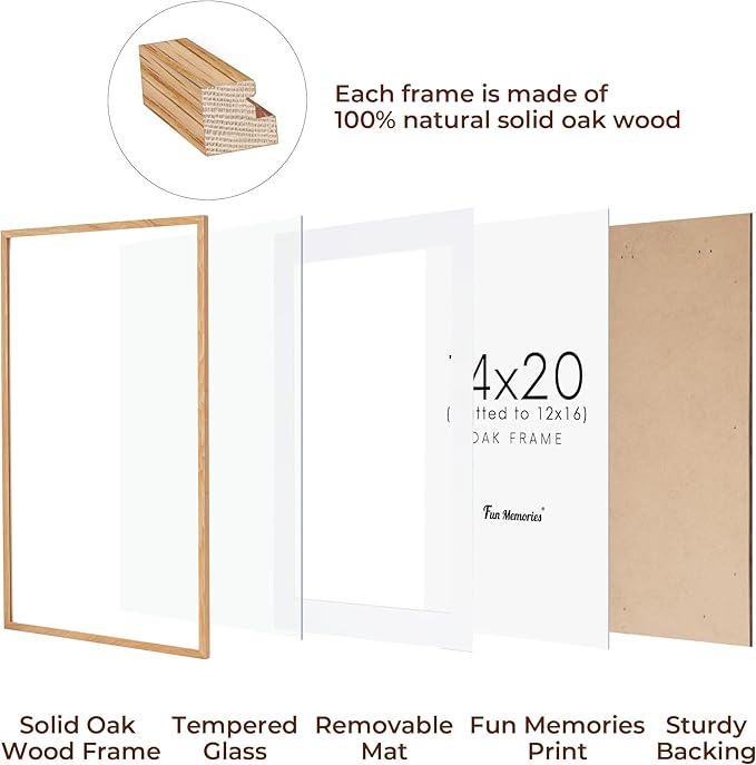 14x20 Picture Frame, Solid Oak Wooden 14"x20" Photo Frame for Wall, 14 x 20 Frame Matted to 12 x 16, Tempered Real Glass, 14 x 20 Collage Gallery Frames (Natural Oak Color, 1 Pack)