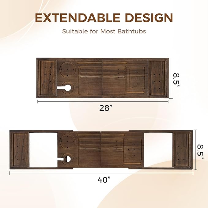 Teak Bathtub Tray - Luxury Bath Tray with Expandable Handles, Wine Glass and Phone Holders, Book Stand - Perfect for Home Spa Relaxation and Reading - Natural Bath Accessories - Dark Walnut Color