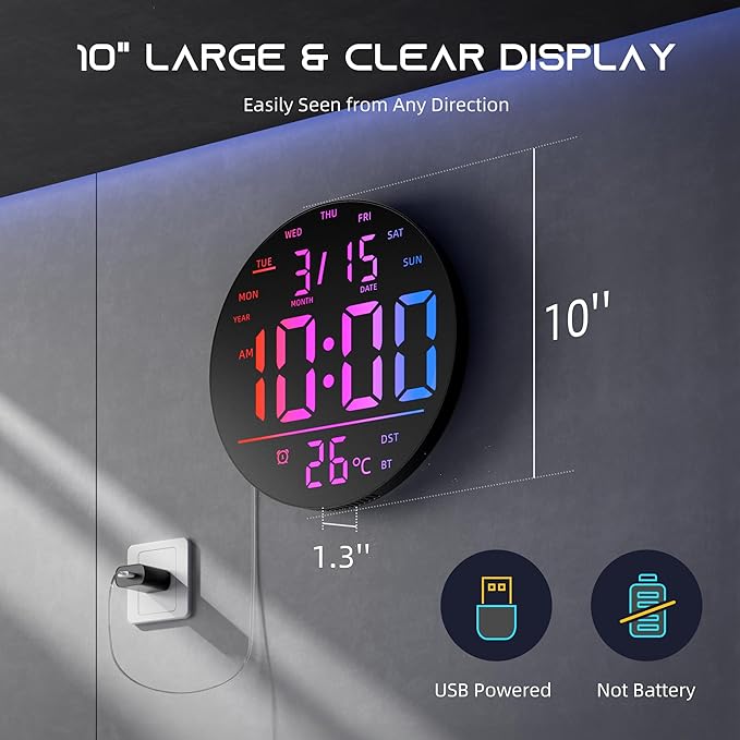 10" Large Digital Wall Clock with Remote Control, Music Sync RGB Atmosphere Light, Low-Reflectivity, Temperature, LED Display, Dual Alarms, BT Sync, Auto DST for Bedroom and Classroom