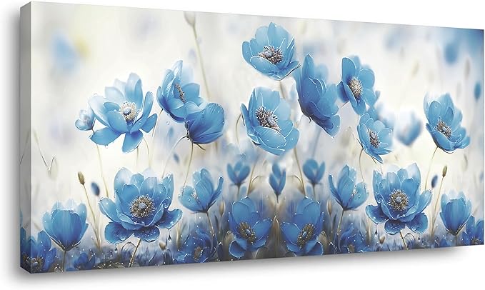 Blooming Blue Flowers Plants Wall Art Decor Artwork for Bedroom (20x40 Inches)
