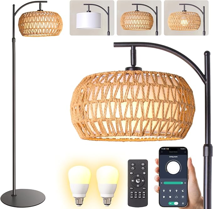Boho Rattan Floor Lamp with Shade - 12W Bright LED Bulb, Adjustable Height 48-60 Inch, Remote Control 3 Color Temperatures, Handwoven Arc Standing Light for Living Room