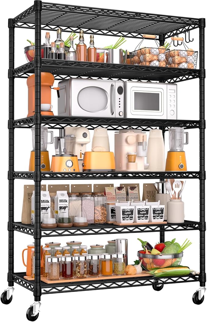 PrimeZone 6 Tier Wire Shelving with Wheels,Metal Shelf Heavy Duty Adjustable Kitchen Storage Shelves Unit, Pantry Organizer Rack Rolling for Garage Closet Laundry 36" W x 16" D x 79" H