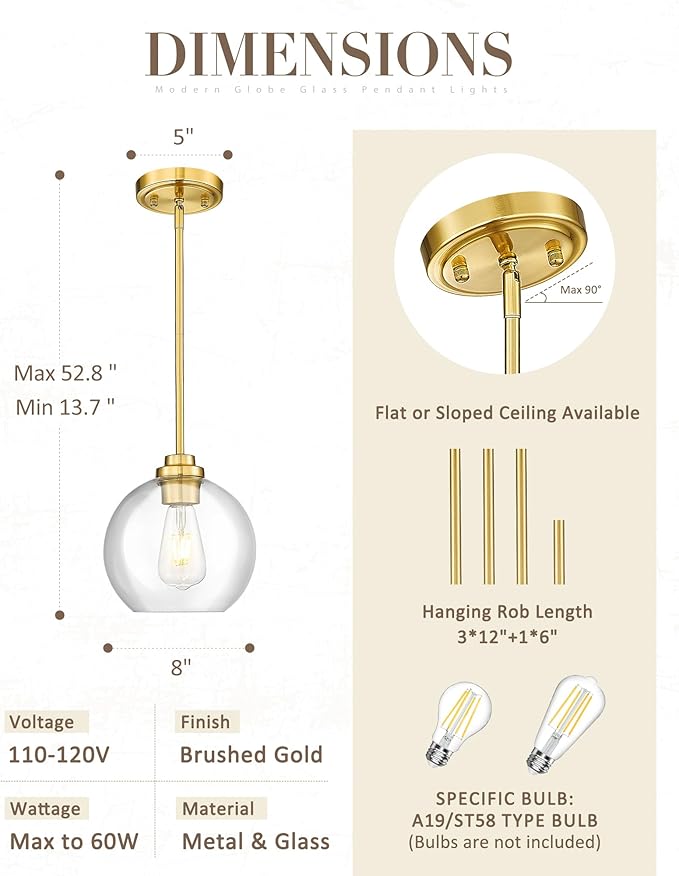 8 inch Modern Gold Pendant Light Fixtures, Mid Century Globe Pendant Lights with Clear Glass, 1 Light Hanging Lights for Kitchen Island, Bathroom, Dining Room (1 Pack), PL101BG-L