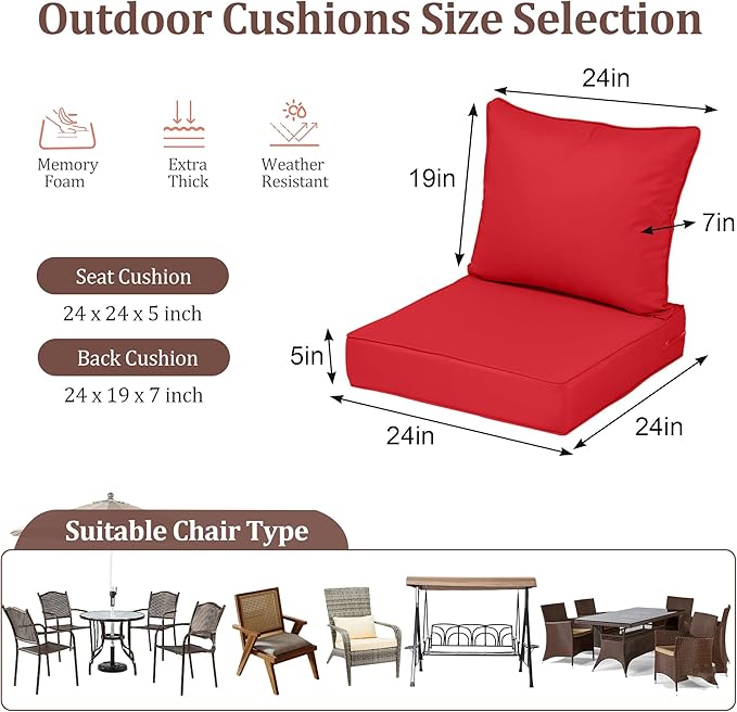 Waterproof Outdoor Chair Cushion Set of 2, 24x24x5 IN Deep Seat Patio Cushions with Fade Resistant Removable Cover,Outdoor Cushions for Patio Furniture with Ties&Handle for Chair Sofa Couch,Red