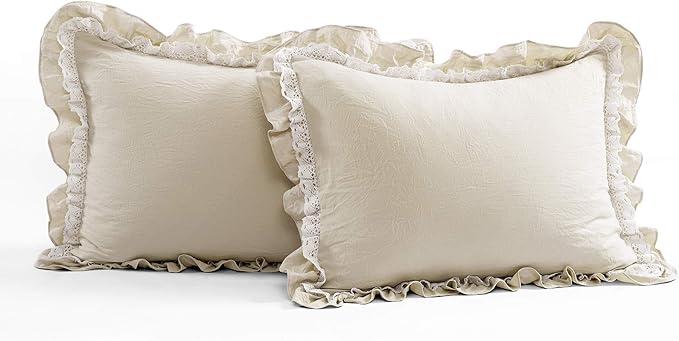 Lush Decor Ella Ruffle Lace Comforter, 3 Piece Set, Full/Queen, Neutral - Cute Comforter - Queen Bedding Set - Beige Bedding Full Size - Coquette Decor - Beige Lace Trim - Ruffle Trim