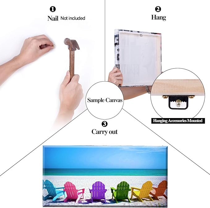 Beach Canvas Wall Art for Living Room, PIY Blue Sea with Colorful Chairs Picture Prints Decor, Relax Leisure Time Home Decorations (Waterproof, Bracket Mounted Ready Hanging, 24x48 Large)