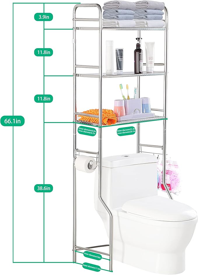 susunnus Over The Toilet Storage 3 Tier S,Bathroom Shelves Over Toilet,Freestanding Space Saver with Toilet Paper Holder,Stainless Steel,Pragmatic, Sturdy,Waterproof,Silver