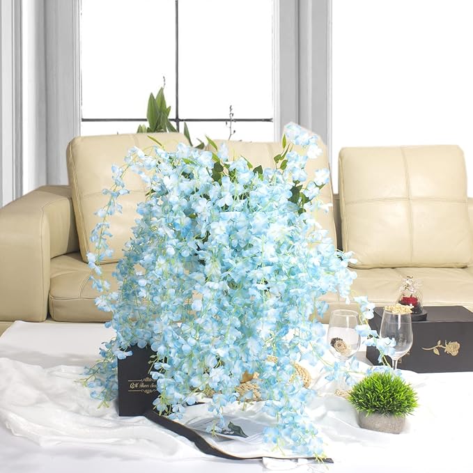 24 Pack Artificial Fake Wisteria Vine Ratta (3.75 Feet) Hanging Garland Silk Flowers String Home Party Wedding Decor (Sky Blue)