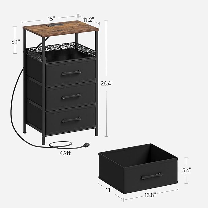 Night Stand Set 2 with Charging Station, 3 Drawer Nightstands with LED Lights, End Table with Outlets and USB Ports, Side Table with Open Shelf, Bedside Tables for Bedroom, Rustic Brown