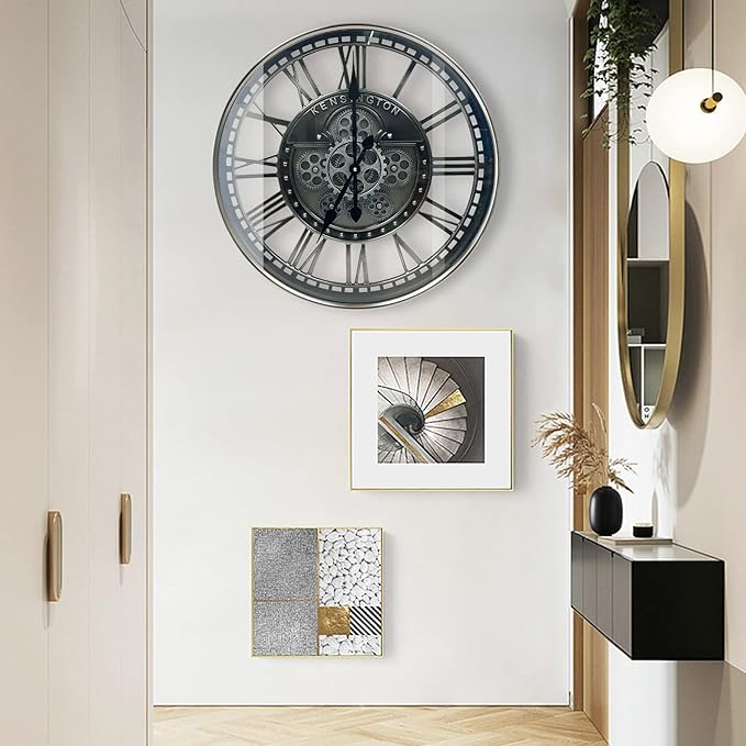 DORBOKER Real Moving Gears Wall Clock Large Modern Metal Clocks for Living Room Decor, Industrial Steampunk Unique Vintage Rustic Decorative Clock for Home Farmhouse Office, 21 Inch,Gunmetal Roman