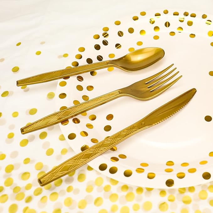 176 Pieces Gold Disposable Party Dinnerware Set &Golden Dot Disposable Party Dinnerware - Black Paper Plates Napkins Cups, Gold Plastic Forks Knives Spoons