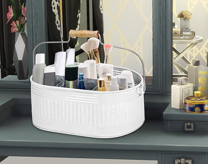 Alpha Living Home Rustic Heavy Duty Alloy Multi-Compartment Caddy - Metal Utensil Caddy Versatile All-in-One Organizer for Kitchen, Bathroom & Office Utensils, Flatware, and Accessories (White)