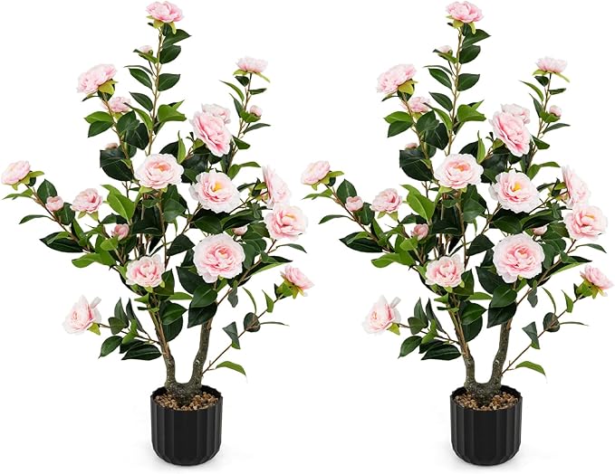 Goplus 38’’ Artificial Camellia Tree, 2 Pack Flower Plants Artificial Tree, Faux Floral Plant Blooming Tree in Cement Pot, Greenery Potted Plant for Indoor Outdoor Office Home Porch Decor