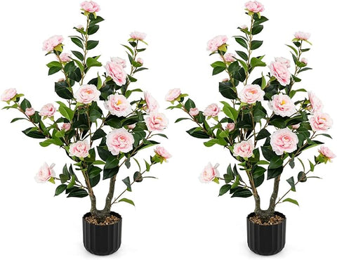 Goplus 38’’ Artificial Camellia Tree, 2 Pack Flower Plants Artificial Tree, Faux Floral Plant Blooming Tree in Cement Pot, Greenery Potted Plant for Indoor Outdoor Office Home Porch Decor