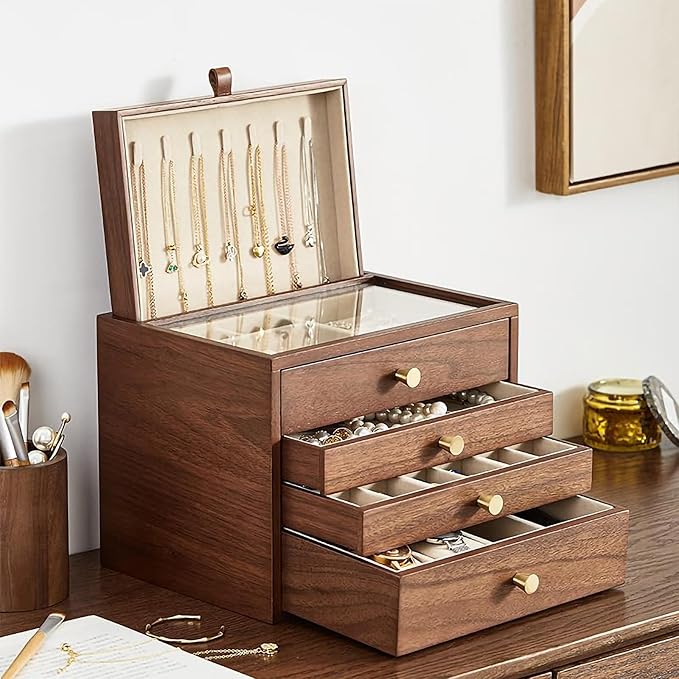 Black Walnut Wooden Jewelry Box for Women 4 Layer with Glass Lid and Pull-out Necklace Storage Layer Watch Necklace Ring Earring Storage,Gifts