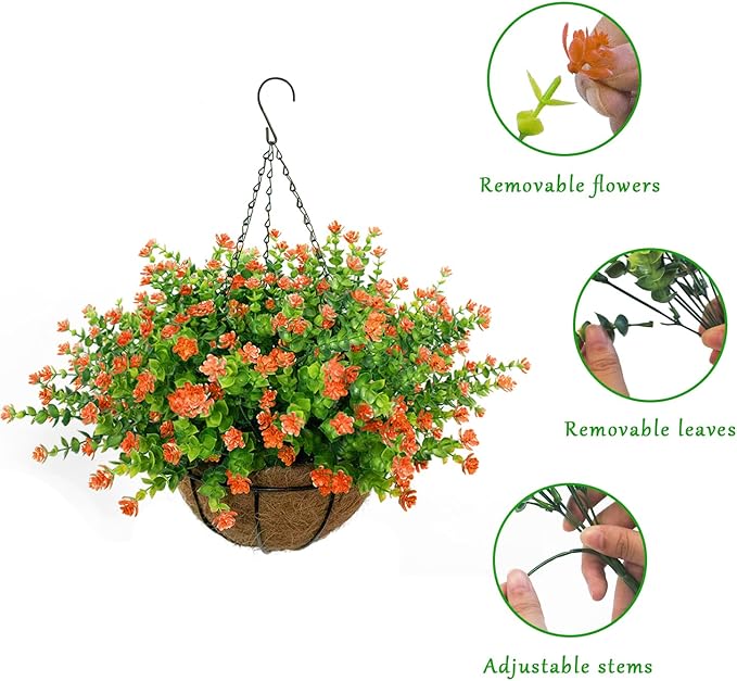 Artificial Hanging Flowers Basket, 12 UV-Resistant Bundles of Realistic Fake Flowers, Faux Plants for Outdoor Decor, Home, Garden, Porch, Patio, Spring & Summer Decorations, Orange