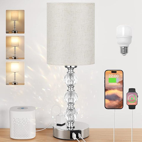 White Touch Bedside Lamps for Bedrooms - Crystal Table Lamp with USB C+A Charging Port and AC Outlet Nightstand, 3 Way Dimmable Silver Small End Side Table Lamp for Living/Guest/Dinning Room/Kitchen