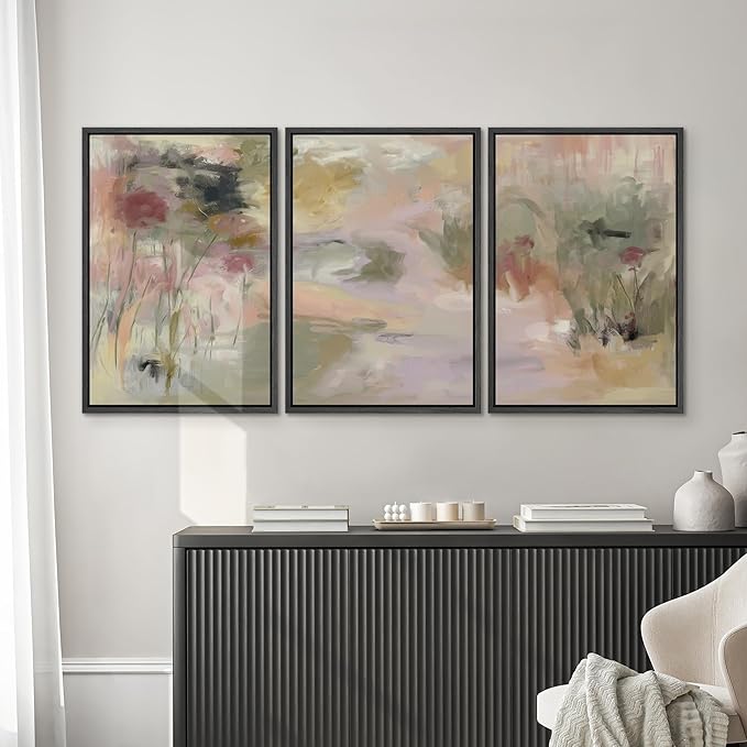 SIGNWIN Framed Canvas Print Wall Art Set Abstract Floral Garden in Soft Pastels Illustrations Modern Art Decorative Zen for Living Room, Bedroom, Office - 16"x24"x3 Black