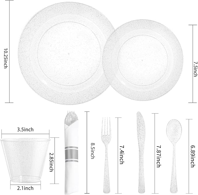 DaYammi 350 Pieces Silver Glitter Dinnerware Set 50 Guest for Party- 50 Dinner Plates, 50 Dessert Plates- 50 Per Rolled Napkins with Silver Cutlery- 50 Disposable Cups 9 OZ